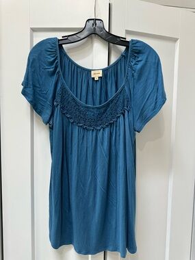 Ella Moss Blue Scoop-Neck Crochet Yoke Top